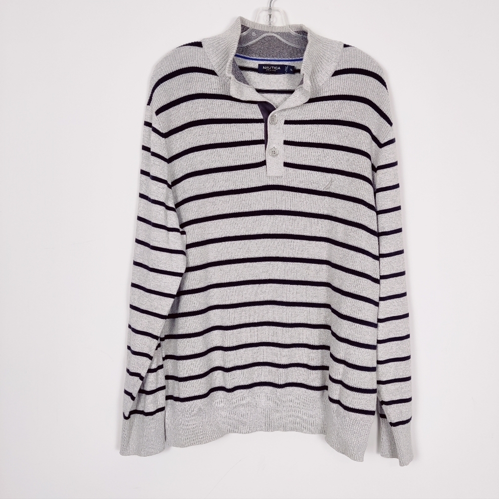 Nautica Men's Striped Pullover Sweater in Silver & Black Striped Size XL Cotton